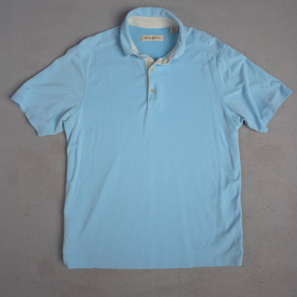 Tommy Bahama Mens Polo Shirt Blue Striped Short Sleeve M‎ Modal Polyester Golf